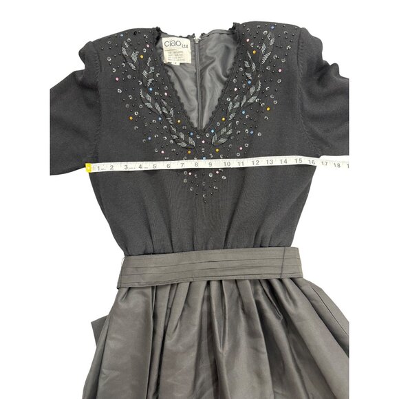 Vtg 70s Ciao Black Embellished Sweater & Satin Full Skirt Dress MCM Women Size 6 - Picture 6 of 7